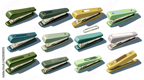 An array of colorful staplers in various shades of green, blue, yellow, and grey are neatly organized on a dark background.