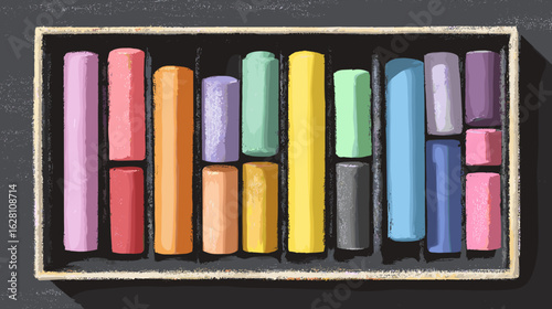 A box of colorful chalks organized in a wooden container. The chalks are of different colors and lengths and are tightly packed together.
