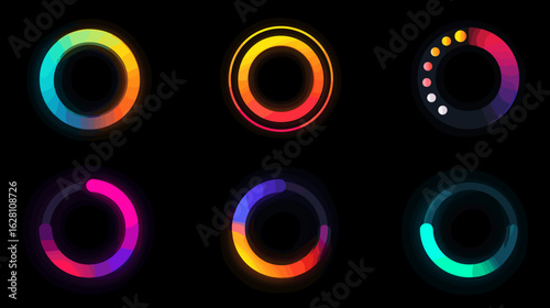 A collection of brightly colored circular loading animations are arranged on a black background, each with a unique color scheme and style.