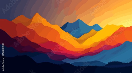 Colorful mountain ranges cascade across the horizon, bathed in warm light with hues of gold, orange, red, and blue in an illustration.