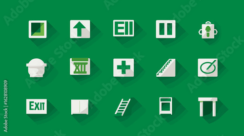 Collection of simple, flat design icons representing various common symbols, set against a vibrant green background with long shadows.