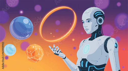 Futuristic android interacting with glowing orbs robot
