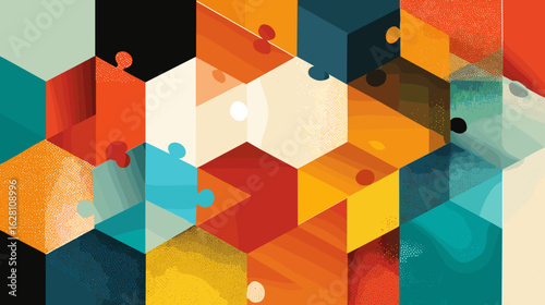 Vibrant, geometric puzzle pieces interlock, creating a dynamic and engaging visual. Colors blend and contrast in a modern composition.