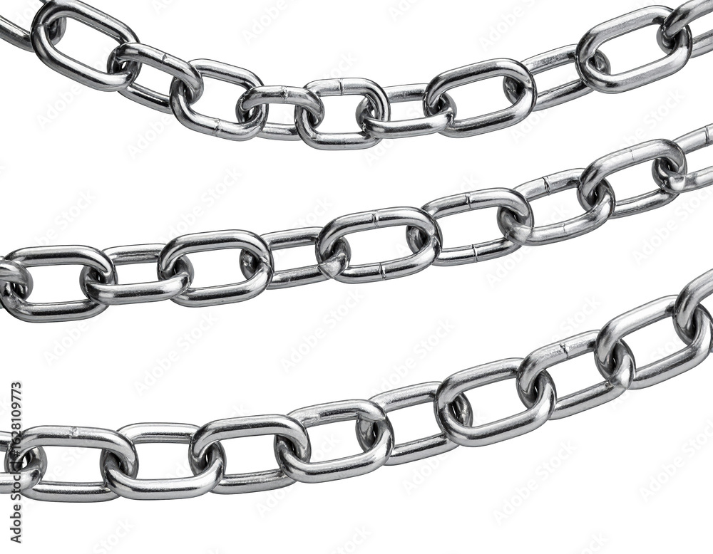 Obraz premium Overhead view of three metal chains with reflective steel links
