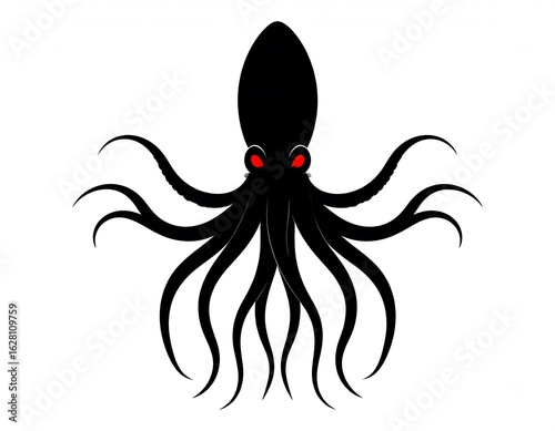 A menacing black octopus silhouette with glowing red eyes. Vector illustration of a mysterious sea creature with sprawling tentacles on a white background.