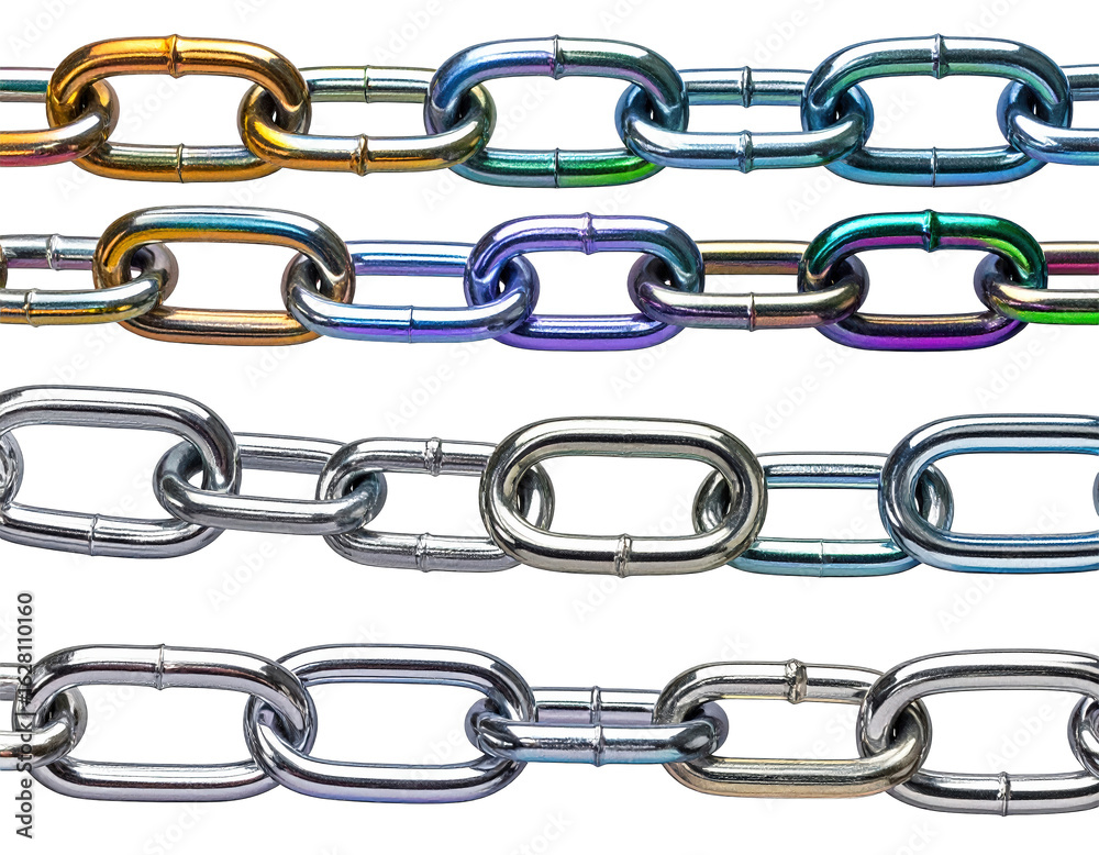 Shiny metal chain links on white background representing connectivity and strength Shiny metal chain links on white background representing connectivity and strength