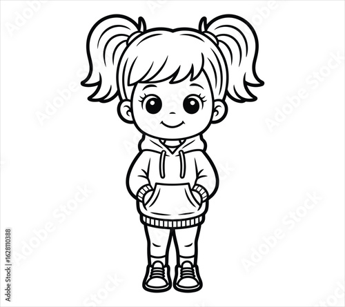 Cartoon Girl with Round Head and Hoodie