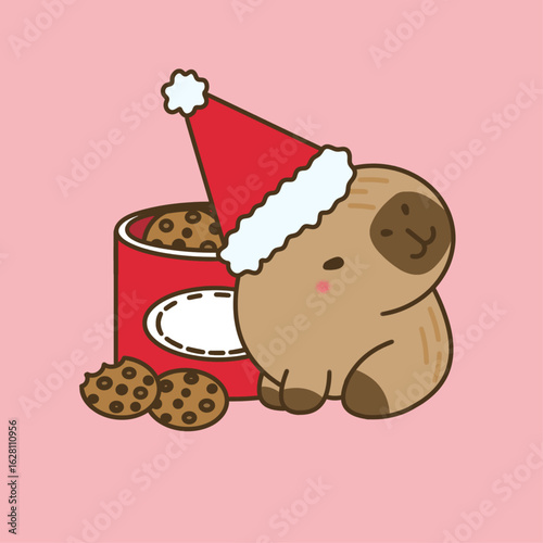 A delightful vector illustration of a cute capybara celebrating Christmas with a festive chocolate chip cookie hamper.