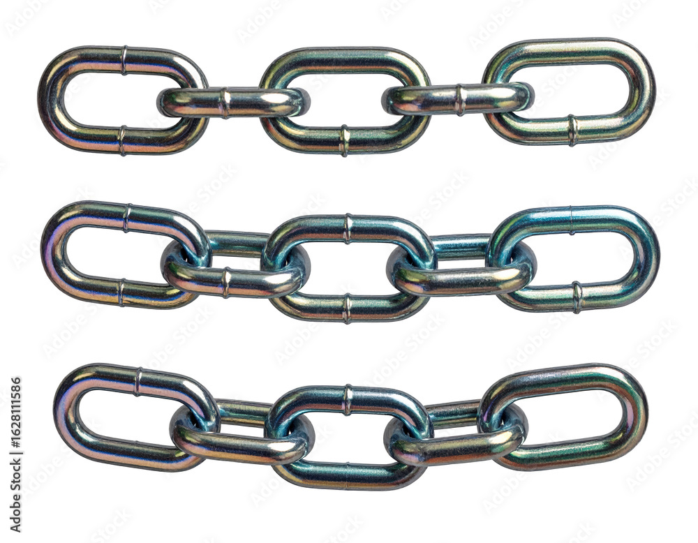 Three metallic chains arranged horizontally isolated on transparent background Three metallic chains arranged horizontally isolated on transparent background