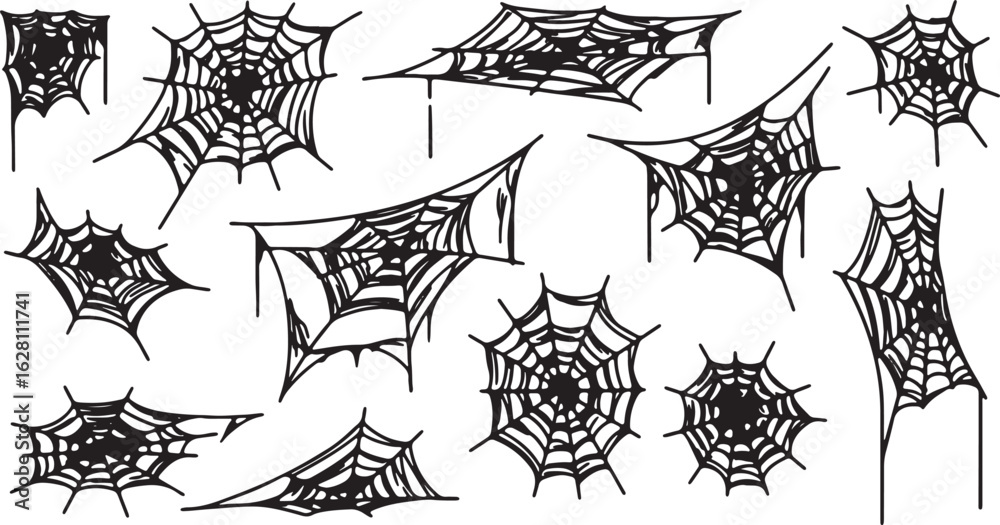 Fototapeta premium Collection of hand-drawn black spiderwebs with dripping effects on a white background spider web cobweb