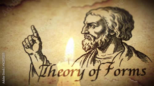Plato Sketch on Weathered Paper with Flickering Candlelight – Minimal Animation Highlighting Theory of Forms Text

