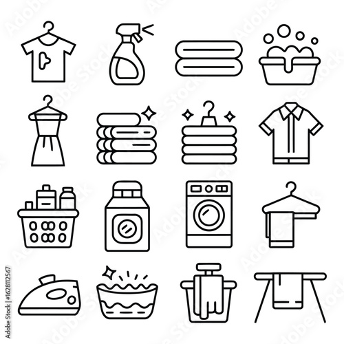 Photo of a comprehensive collection of laundry service icons, featuring washing machines, irons, and cleaning supplies for household chores