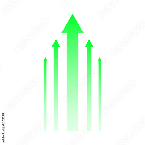 Five green arrows pointing upward with central focus. Clean vector style over transparent background, symbolizing success, business growth, or progress.
