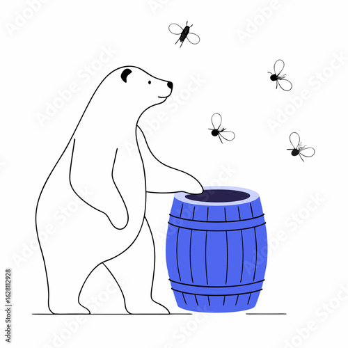 Polar bear interacting with a blue barrel while bees buzz around - Concept of vector icons  