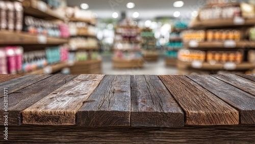 Wooden table top in front of a blurred supermarket interior.