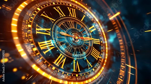 Wallpaper Mural A detailed clock with glowing numbers and hands spins, representing the essence of time travel amidst a backdrop of vibrant colors and patterns	 Torontodigital.ca