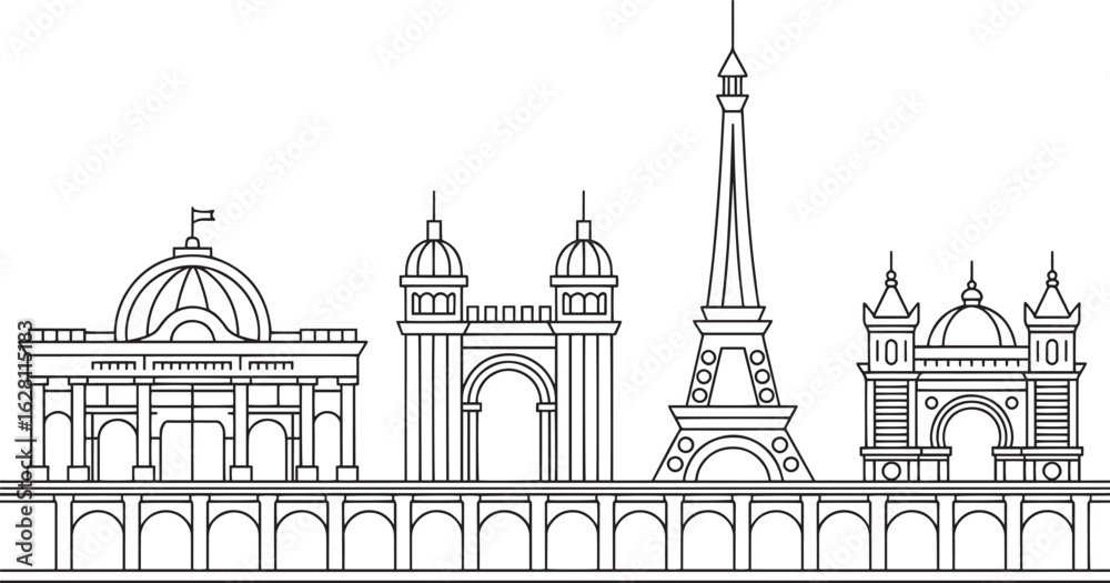 Obraz premium Linear Architectural Skyline with Arches and Towers on a Transparent Background Vector Illustration