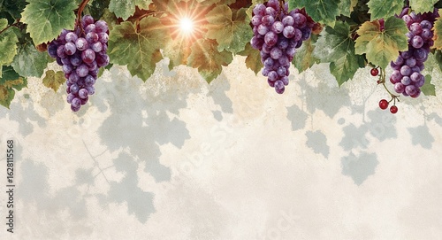 Lush Grape Vines with Ripe Purple Grapes Green Leaves & Sunburst on Rustic Wall Background Copy Space