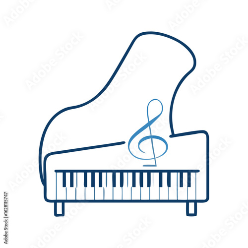 Grand piano illustration with musical note in simple line style  