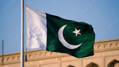 Pakistan national flag hide in beautiful clouds. Pakistan national flag for independence day, 14Th of august happy pakistan independence day. Vector template , Generative Ai	
