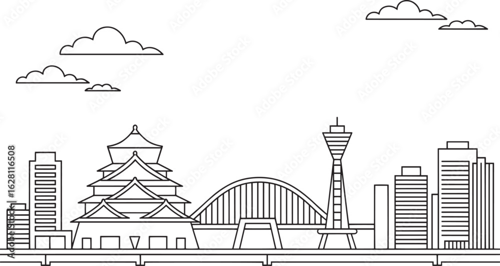 Fototapeta premium Osaka Japan Skyline Silhouette Vector Illustration with Detailed Landmarks and Cityscape Outline