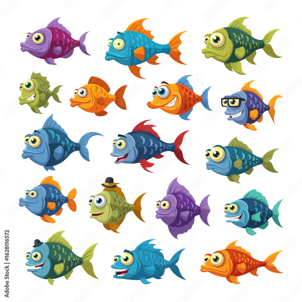 Fototapeta premium Funny Fish Flat Color Vector cartoon pack