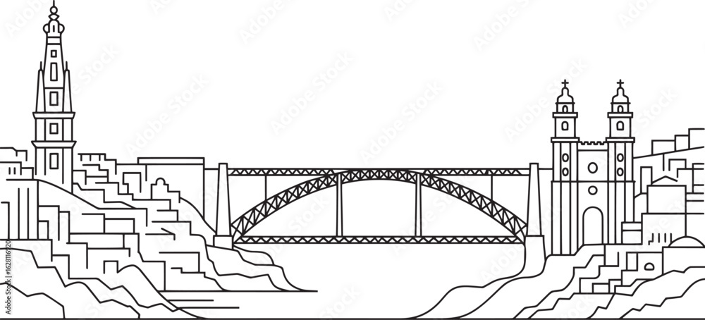 Obraz premium Porto Portugal Cityscape Outline Vector Illustration with Bridge and Buildings in Europe