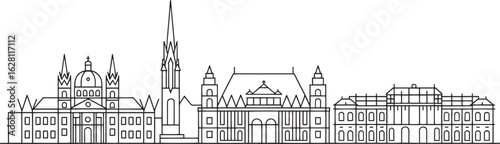 Prague Skyline Silhouette Outline Vector Illustration, Czech Republic Cityscape Line Art