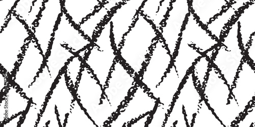 Abstract seamless pattern with random charcoal strokes. Repeating grunge texture of hand drawn hatching, textured strokes of chalk or paint. Black drawing on white background. Vector graphics.