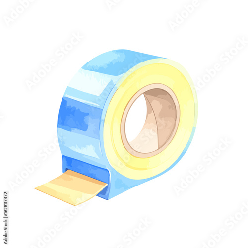 A watercolor-style illustration of a blue plastic tape dispenser holding a roll of yellow adhesive tape.