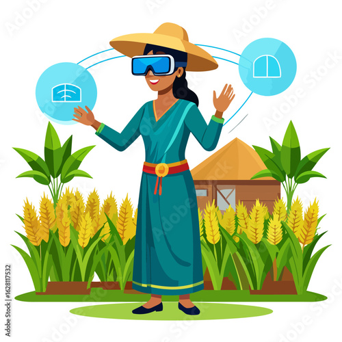Smiling woman in VR headset and wide-brimmed hat, wearing a teal dress, gesturing with hands.