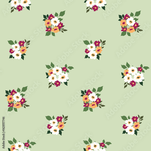 Seamless floral pattern, liberty ditsy print of simple bouquets in cute girly motif. Pretty botanical design of small hand drawn flowers, tiny leaves, mini bouquets on green. Vector illustration.