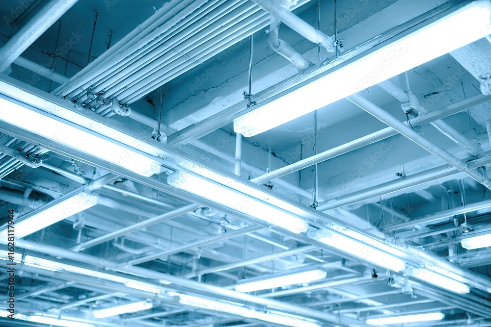 Interior view of a building's ceiling with lighting and plumbing systems. Interior view of a building's ceiling with lighting and plumbing systems.