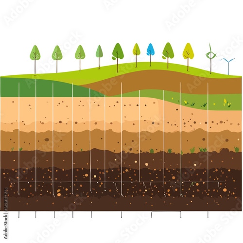 Geological cross-section of soil layers with surface landscape, trees, and wind turbines.