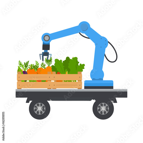 Blue industrial robotic arm on a mobile platform sorting fresh vegetables from a wooden crate.