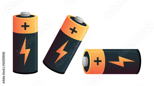 Three batteries with lightning bolt power energy