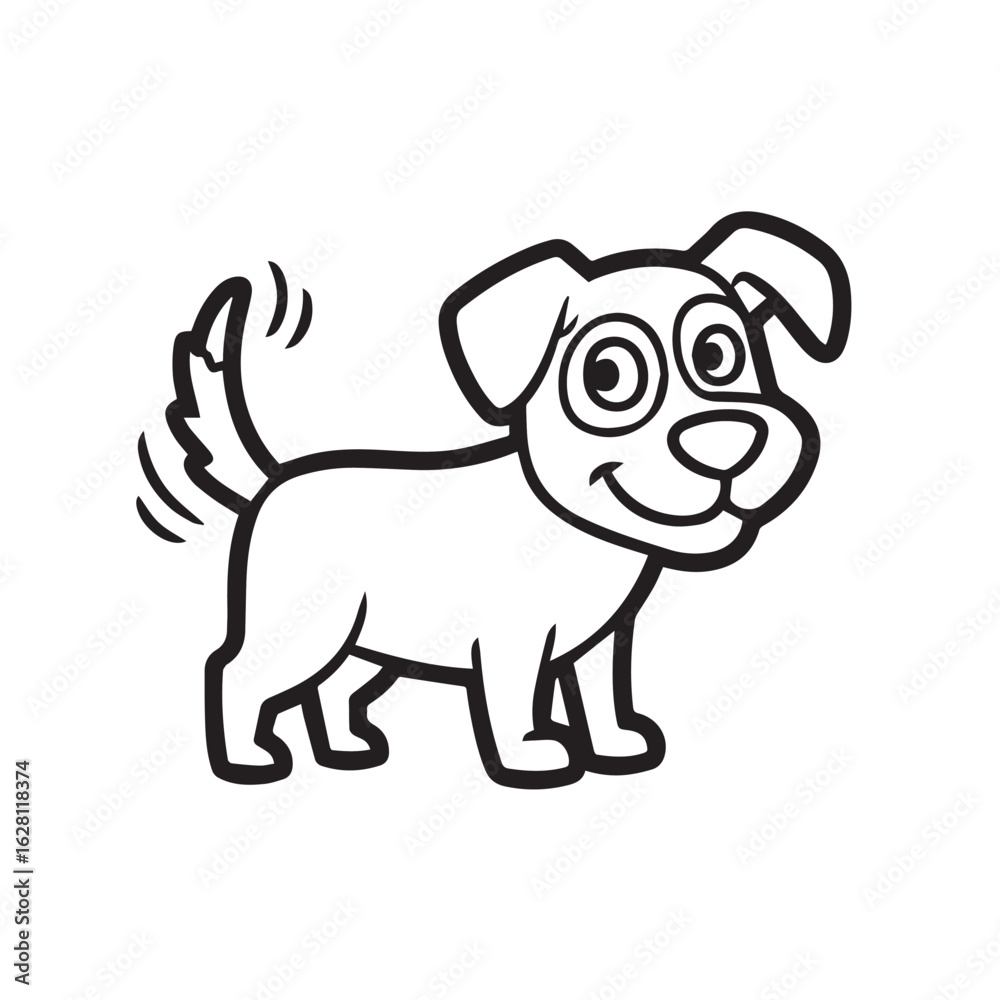 Naklejka premium Happy cartoon puppy, wagging tail, simple line art, black and white.
