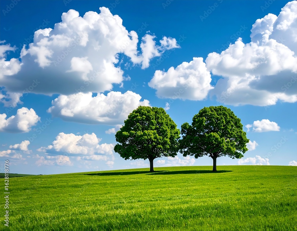 Obraz premium Idyllic landscape featuring lush green field, pair of trees, and blue sky dotted with fluffy clouds