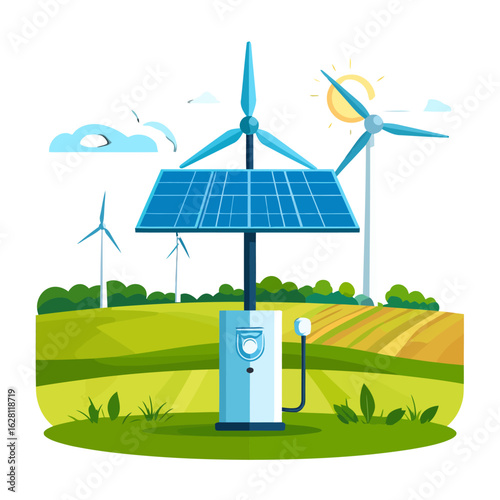 Modern electric vehicle charging station with an integrated solar panel and wind turbine, illustrating renewable energy technology.