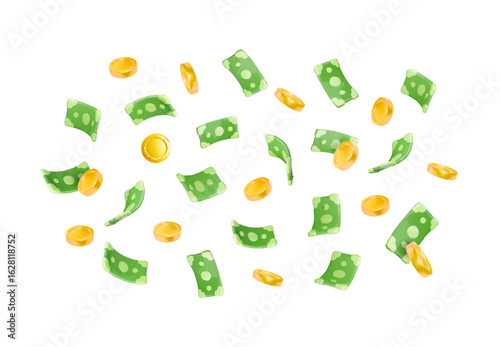 Falling money. 3D cartoon gold coins and green paper currency. Jackpot, win, Financial success concept. Casino profit. Vector illustration