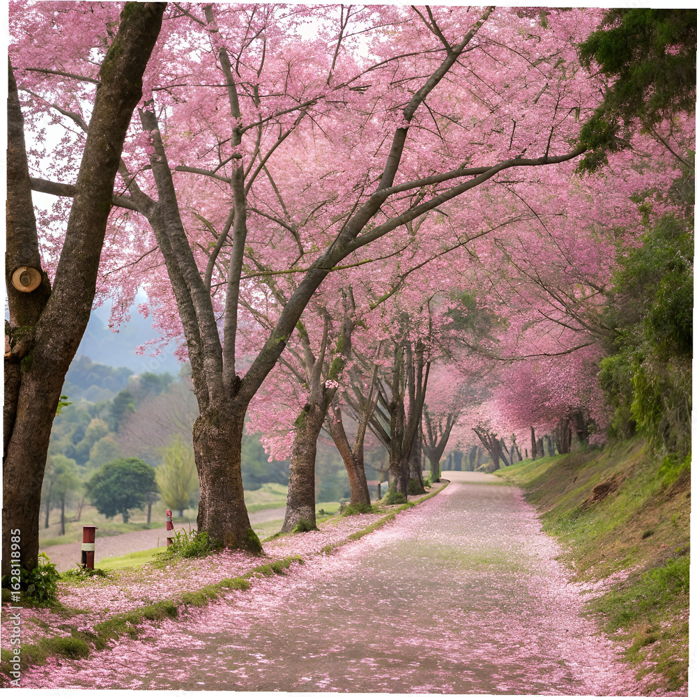 Naklejka premium cherry blossom pathway in khun wang chiangmai tha