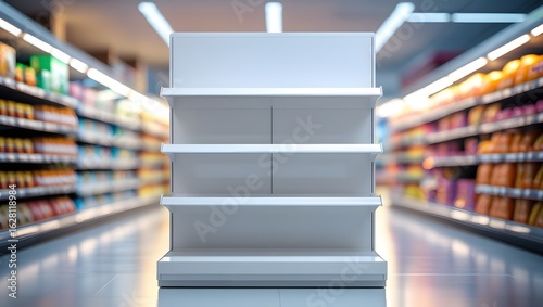 Empty Modern Supermarket Display Shelf, Blank Sign, Retail Product Placement, Aisles Blurred Background