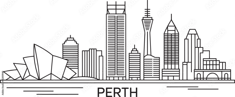 Obraz premium Striking Perth Cityscape Vector Illustration A Detailed Outline of Australian Buildings and Structures