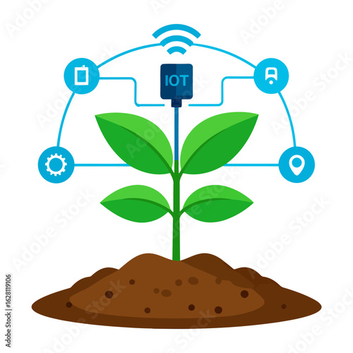 Smart farming technology concept with a green plant growing from soil, monitored by an IoT wireless sensor network and icons.