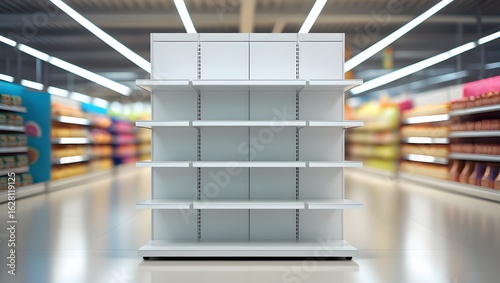 Empty Modern Supermarket Gondola Shelf Display in Bright Aisles