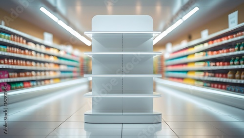 Modern Empty Supermarket Display Shelf, Clean Minimalist Design, Bright Retail Aisles Background