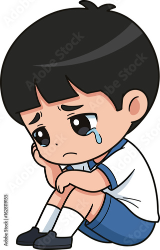 A Sad Boy Crying Sitting on the Ground Feeling Lonely