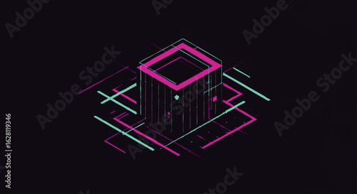 Abstract graphic design featuring a 3D cube with lines and dots on a dark background.