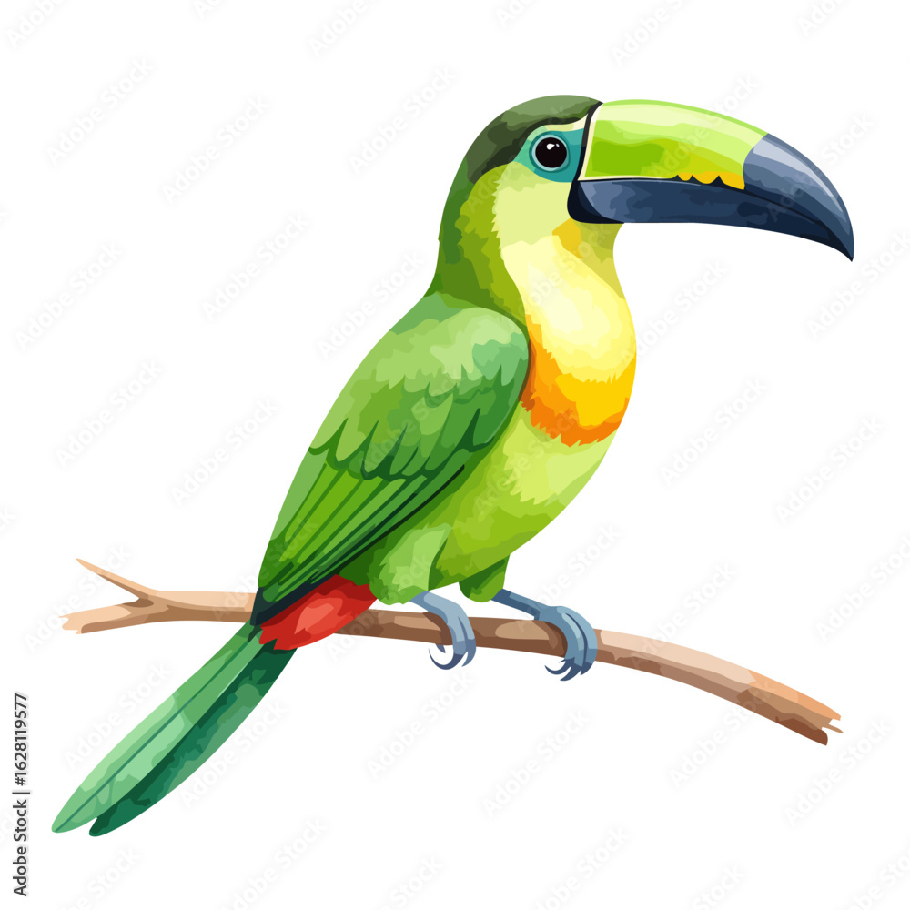 Fototapeta premium Colorful Green Toucan Perched on Branch with Large Beak Illustration