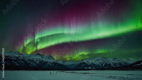 rainbA stunning view of the aurora borealis (northern lights) in the dark night sky. The sky is dotted with streamers of green, purple, and pink light, creating a dramatic and surow over the mountains